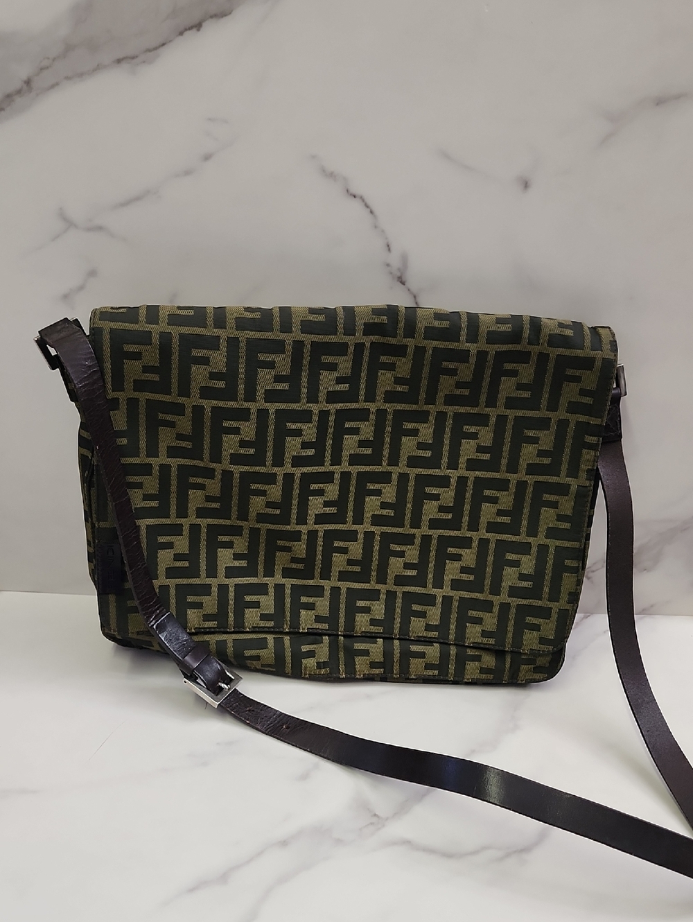 Authentic Fendi Zucca Canvas Messenger Shoulder Bag With Digital COA